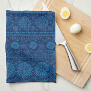 Indigo Blue Blommigt Faux Snöre Mönster Kökshandduk