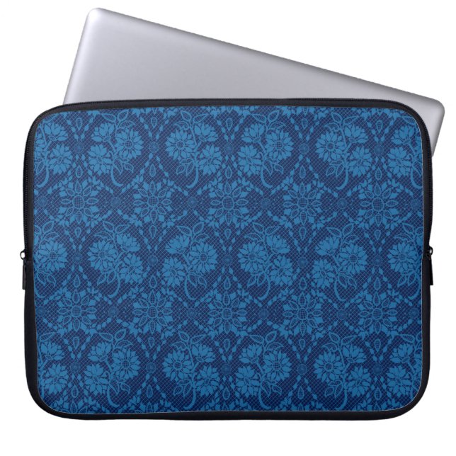 Indigo Blue Blommigt Faux Snöre Mönster Laptop Sleeve (Framsidan)