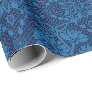 Indigo Blue Blommigt Faux Snöre Mönster Presentpapper