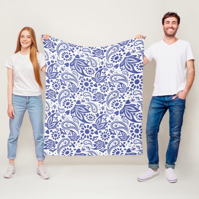 Indigo Blue Boho Chic Paisley Mönster on White Fleecefilt (På plats)