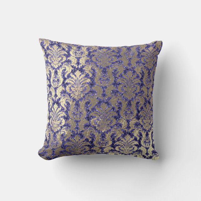 Indigo Blue Cobalt Damask Sepia Velvet Sequin Guld Kudde (Framsida)