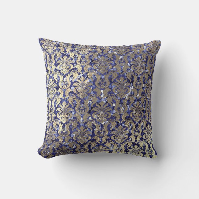 Indigo Blue Cobalt Damask Sequin Champaigne Guld Kudde (Framsida)