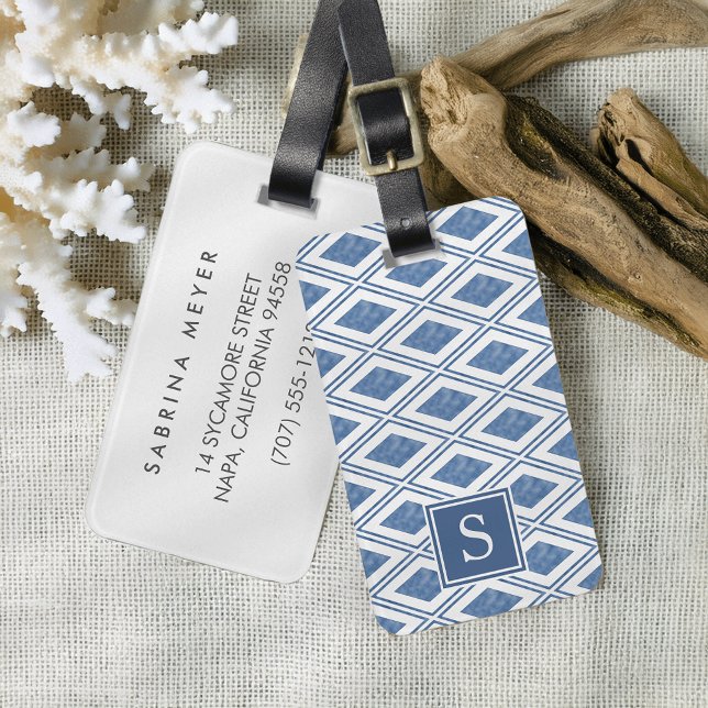 Indigo Blue Diamond Mönster Monogram Bagagebricka (Skapare uppladdad)