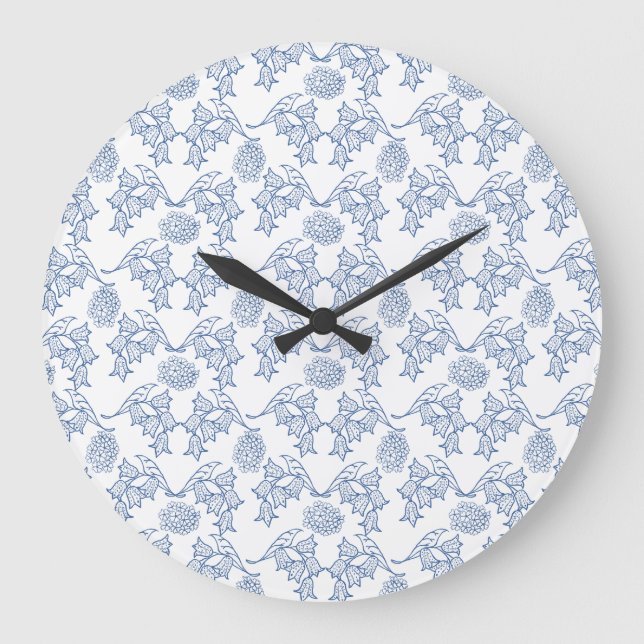 Indigo Blue Ethnic Blommigt Print Round Wall Clock Stor Klocka (Framsida)