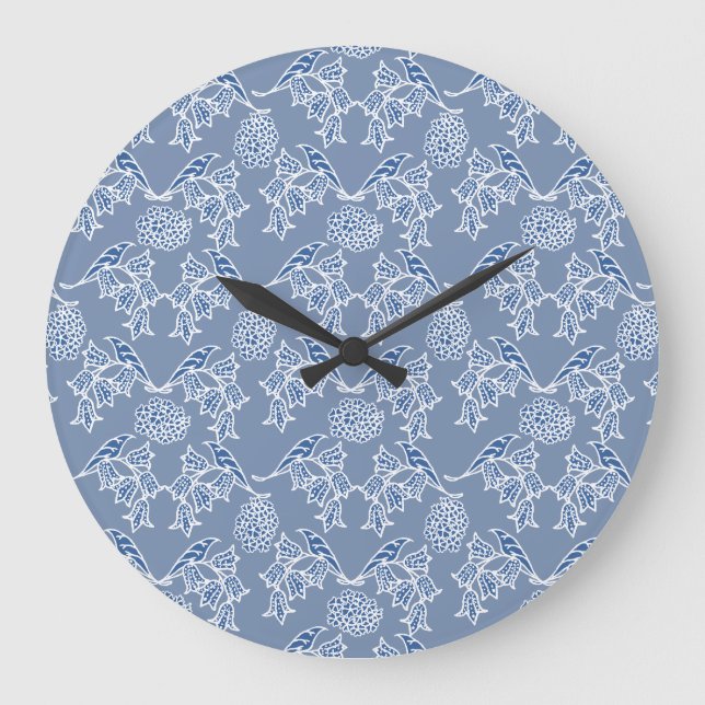 Indigo Blue Ethnic Blommigt Print Round Wall Clock Stor Klocka (Framsida)