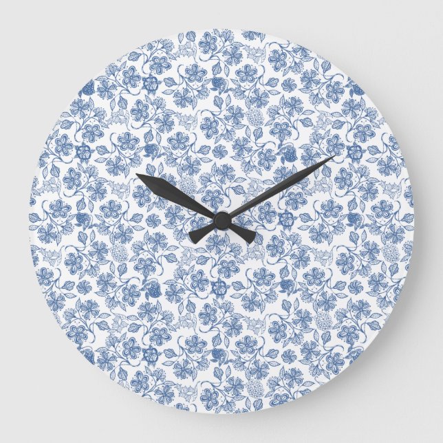Indigo Blue Ethnic Blommigt Print Round Wall Clock Stor Klocka (Framsida)