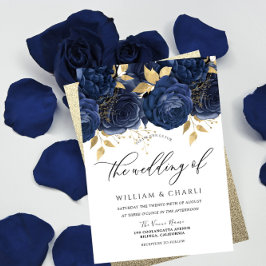Indigo Blue & Guld Blommigt Bröllop Inbjudningar