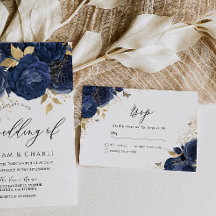 Indigo Blue & Guld Blommigt Bröllop
