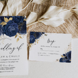 Indigo Blue & Guld Blommigt Bröllop OSA Kort
