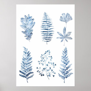 indigo blue löv-samlingsvattenfärg poster