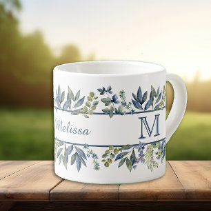 Indigo Blue Lövs Gräns Monogram Espressomugg