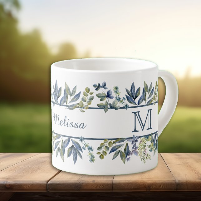 Indigo Blue Lövs Gräns Monogram Espressomugg (Skapare uppladdad)