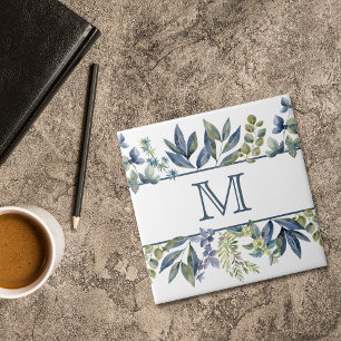 Indigo Blue Lövs Gräns Monogram Kakelplatta