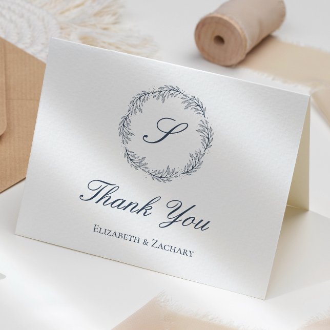 Indigo Blue Monogram Utandning Bröllop Tack Kort (Skapare uppladdad)