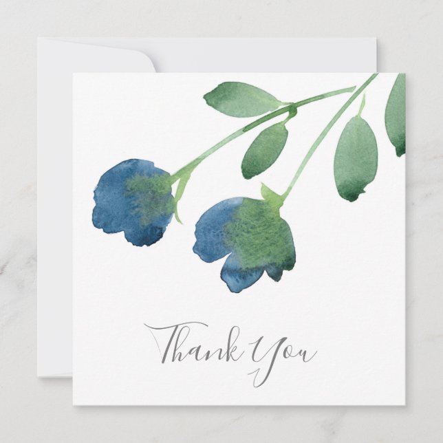 Indigo Blue och Grönt Watercolor Flowers Tack (Framsida)