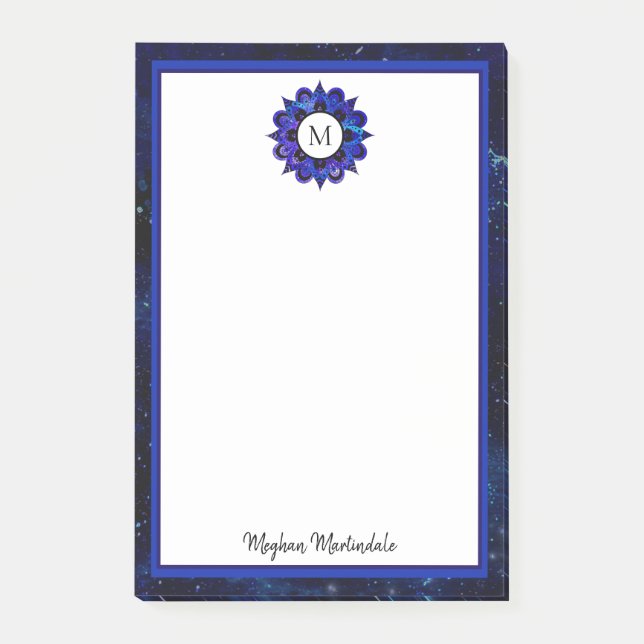 Indigo Blue Rymden Galaxy Mandala Monogram Post-it Block (Framsida)