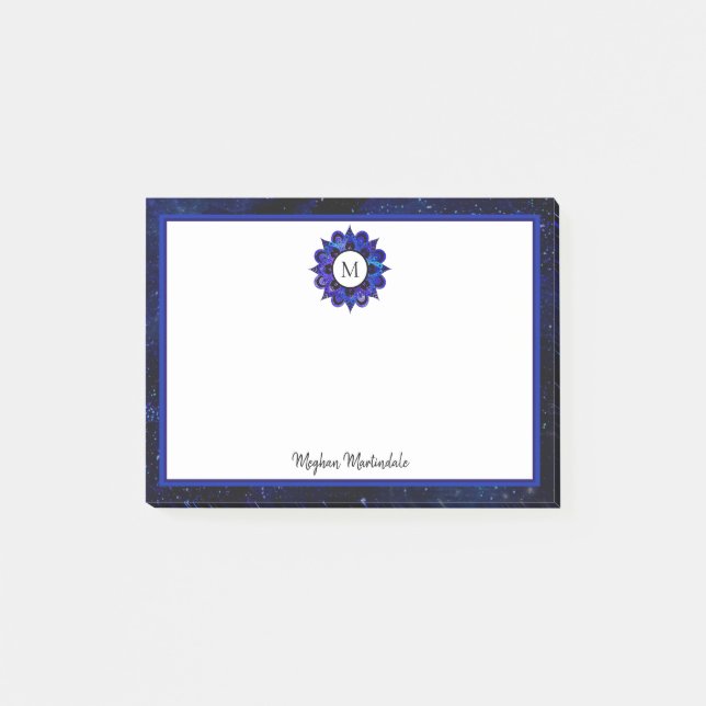 Indigo Blue Rymden Galaxy Mandala Monogram Post-it Block (Framsida)