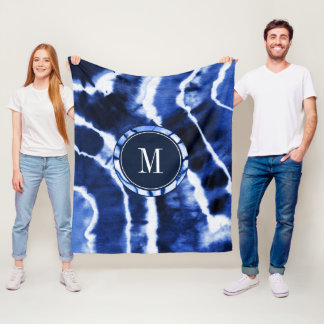 Indigo Blue Shibori Marble Agate Tie Dye Monogram Fleecefilt