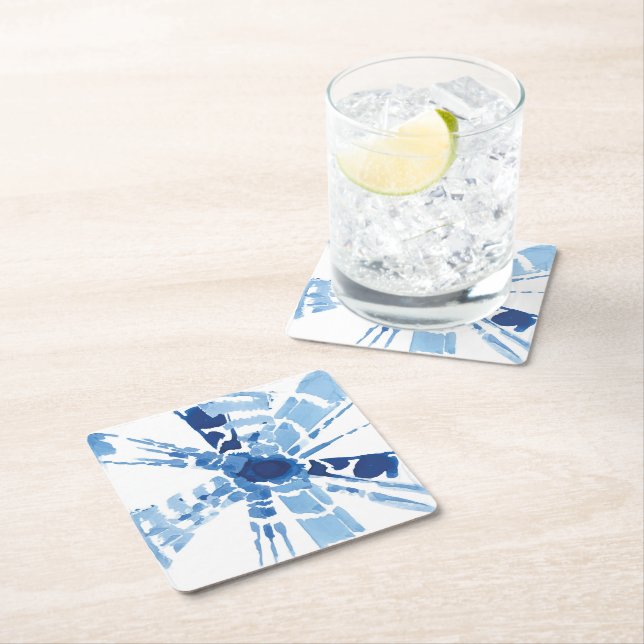 Indigo blue Shibori sunburst vattenfärgsskrift Underlägg Papper Kvadrat (Insitu)