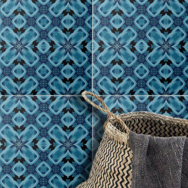 Indigo Blue Symmetrical Mosaic Geometric Mönster Kakelplatta (Skapare uppladdad)