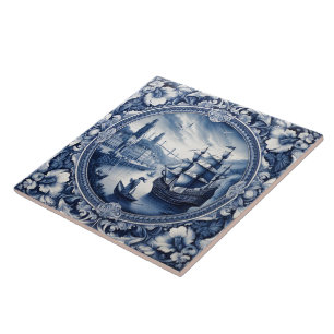 Indigo Blue Tiles Show Maritime Scene Kakelplatta