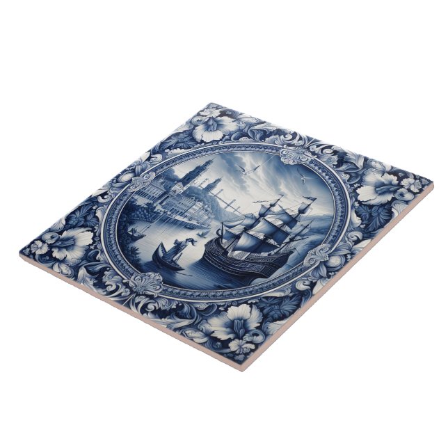 Indigo Blue Tiles Show Maritime Scene Kakelplatta (Sidan)