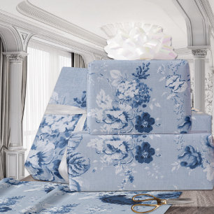 Indigo Blue Tone Vintage Blommigt Toile Fabric No. Presentpapper