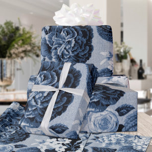 Indigo Blue Vintage Blommigt Toile Matte Avslutar Presentpapper