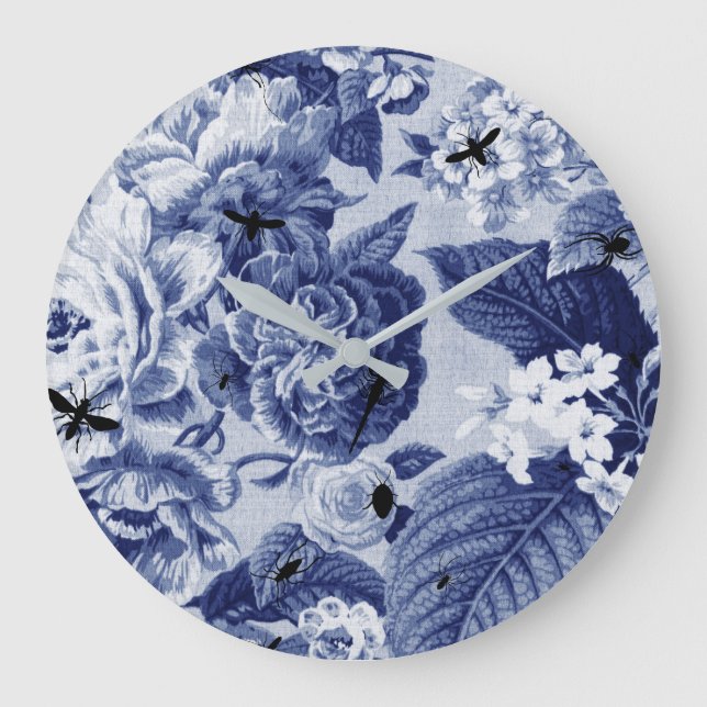 Indigo Blue Vintage Botanical & Kryp Blommigt Toil Stor Klocka (Framsida)