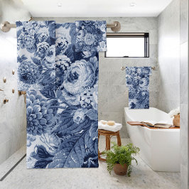 Indigo Blue Vintage Peony Dahlias Blommigt Toile