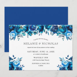 Indigo blue water color blommigt vågrät bröllop inbjudningar