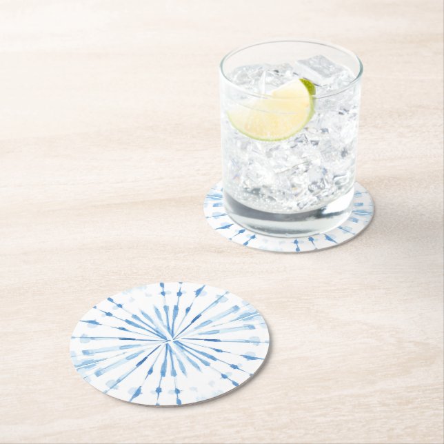Indigo blue water sunburst shibori mönster underlägg papper rund (Insitu)