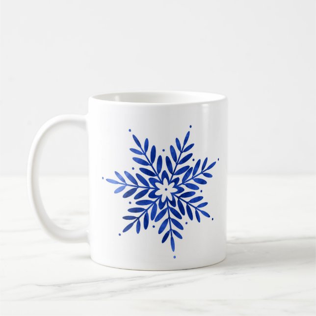Indigo Blue Watercolor Abstrakt Snowflake Kaffemugg (Vänster)