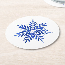 Indigo Blue Watercolor Abstrakt Snowflake Underlägg Papper Rund