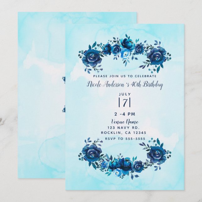 Indigo Blue Watercolor Rustic Blommigt Birthday Inbjudningar (Fram/baksida)