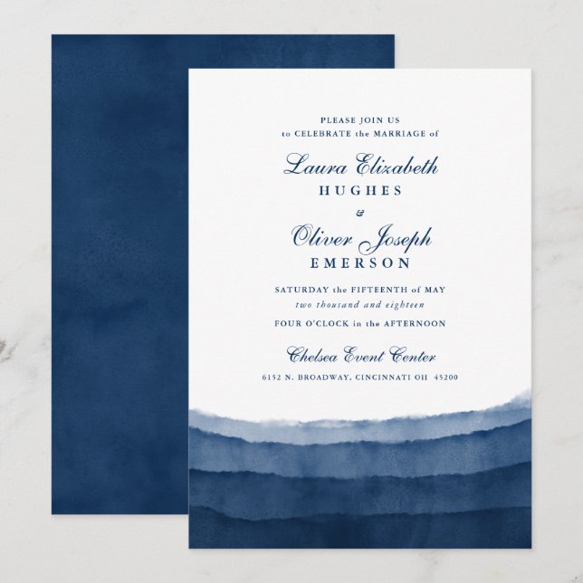 Indigo Blue Watercolor Wedding-inbjudningar Inbjudningar (Fram/baksida)