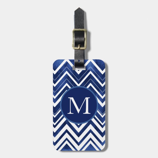 Indigo Blue White Watercolor Chevron Bagagebricka (Vertikal Framsida)