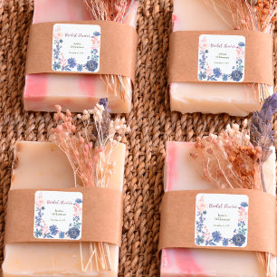 Indigo Blush Florals Bröllopsdusch Anpassa Fyrkantigt Klistermärke