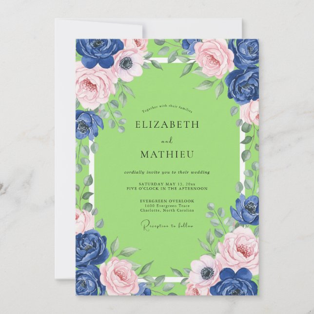 Indigo Blush Lime Ranunculus Eukalyptus Bröllop Inbjudningar (Framsida)