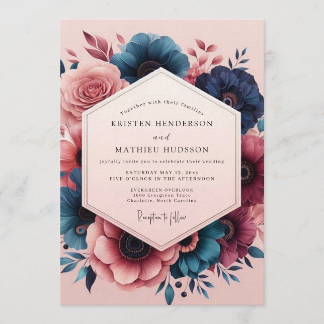 Indigo Blush Painterly Bröllop Blommar Inbjudningar (Framsida)