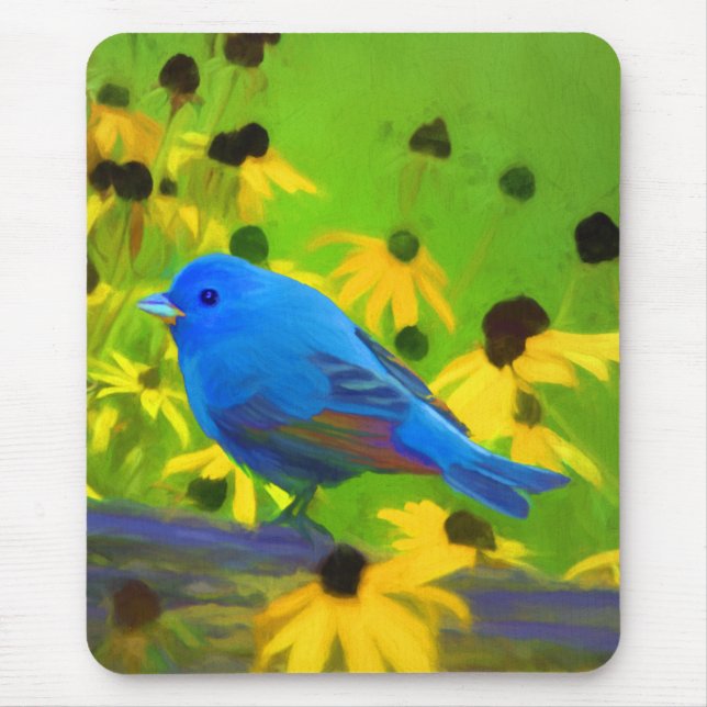 Indigo Bunting-målning - Original fågelkonst Musmatta (Framsidan)