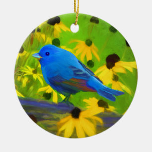 Indigo Bunting Painting - Original Bird Art Julgransprydnad Keramik