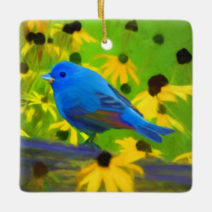 Indigo Bunting Painting - Original Bird Art Julgransprydnad Keramik