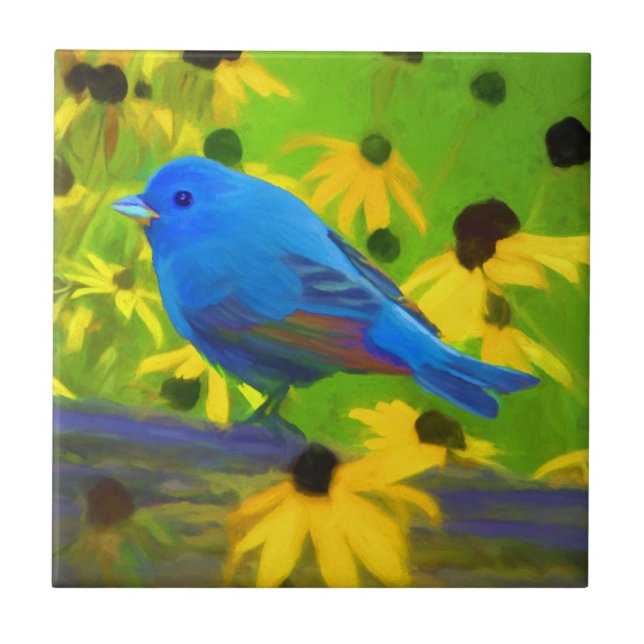 Indigo Bunting Painting - Original Bird Art Kakelplatta (Framsidan)