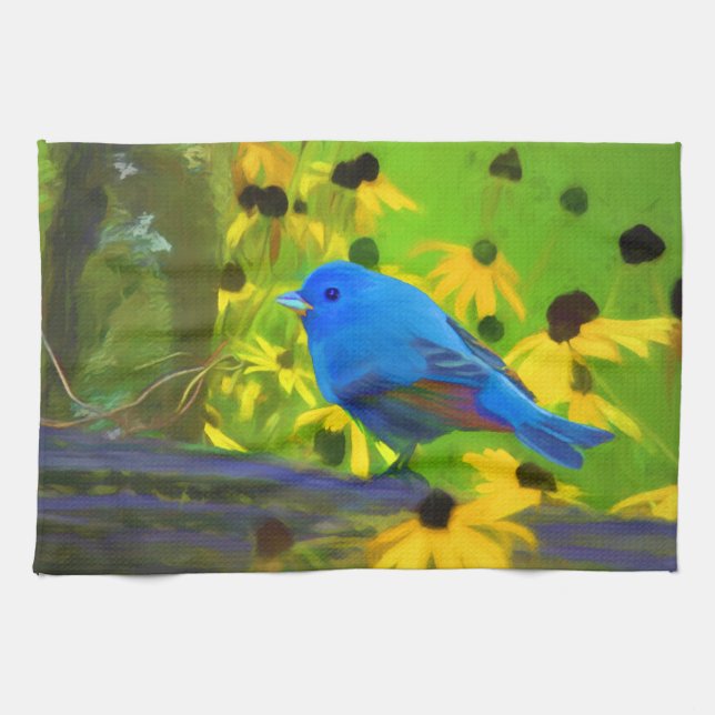 Indigo Bunting Painting - Original Bird Art Kökshandduk (Horisontell)