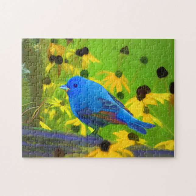 Indigo Bunting Painting - Original Bird Art Pussel (Horisontell)