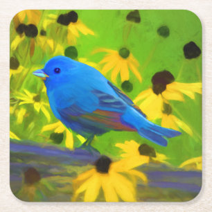 Indigo Bunting Painting - Original Bird Art Underlägg Papper Kvadrat