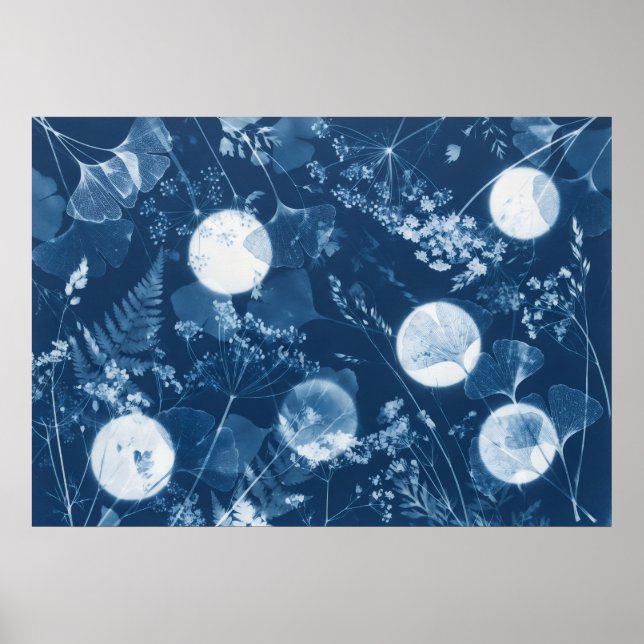 Indigo Cyanotype Fern Ginkgo Vildblomma Affisch (Framsidan)
