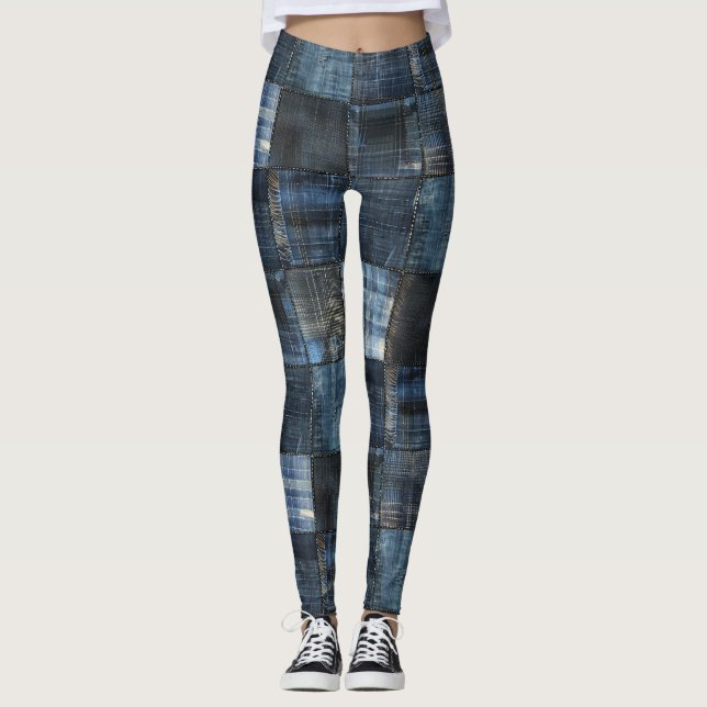 Indigo Denim Lapptäcke Sömlöst Mönster Leggings (Framsida)