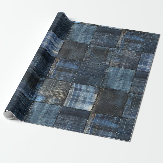 Indigo Denim Lapptäcke Sömlöst Mönster Presentpapper (Utrullad)
